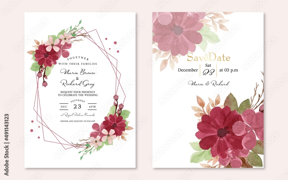 Set of Vintage Watercolor Floral Wedding Invitation