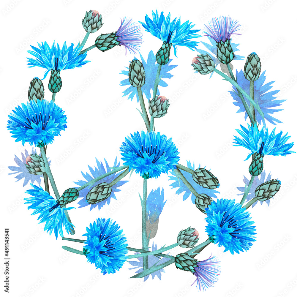 A peace sign laid out of cornflowers. Watercolor illustration. Isolated on a white background.