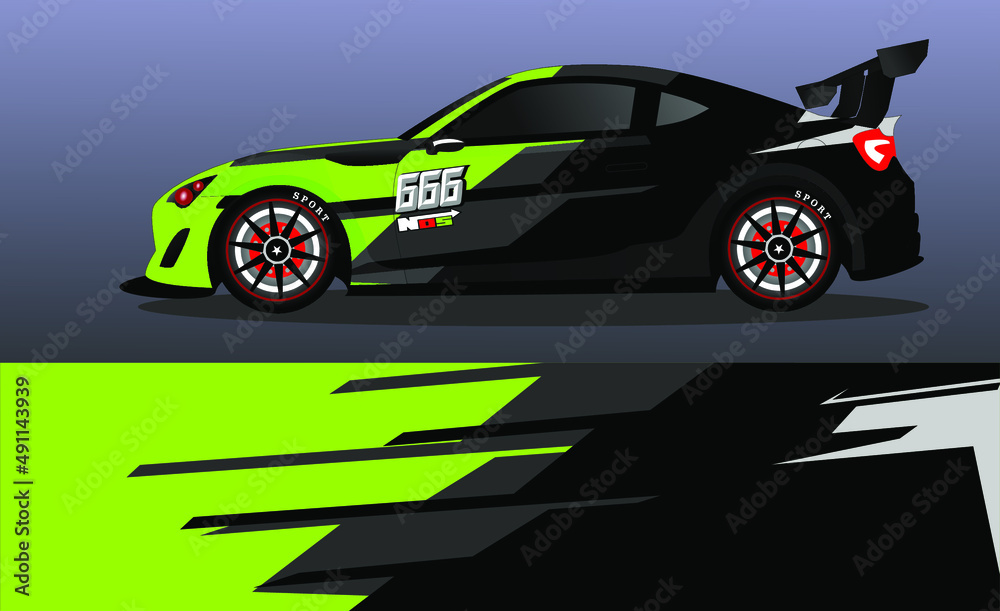 Fototapeta premium Racing car wrap design vector. Abstract graphic stripe racing background kit design for vehicle wrap, race car, rally, adventure and livery