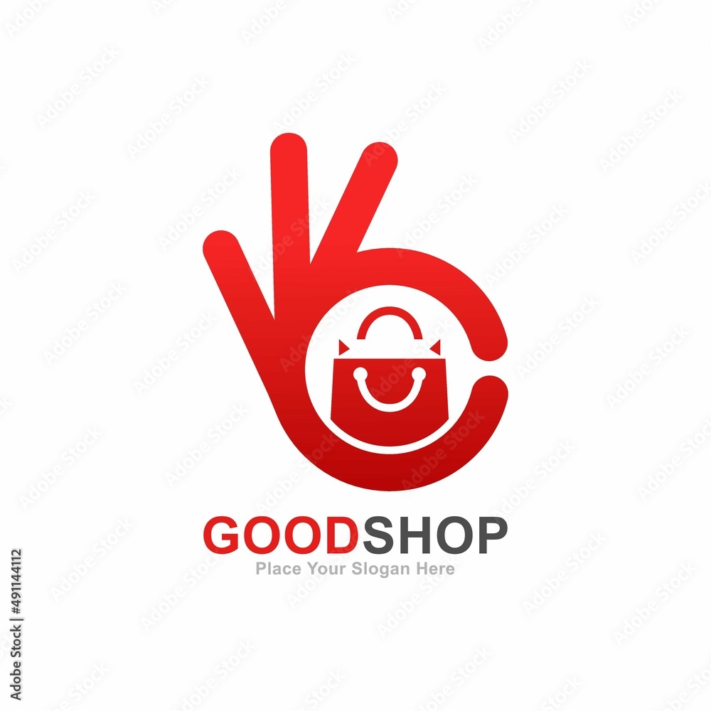 Obraz premium Good shop logo vector design. Suitable for shopping, business, and hand symbol