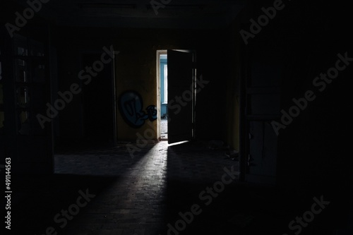 an open door in the dark