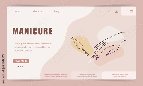 Manicure service landing page template. Linear female hands. Beauty logo for nail studio or spa salon. Vector Illustration in flat cartoon style. Website design.