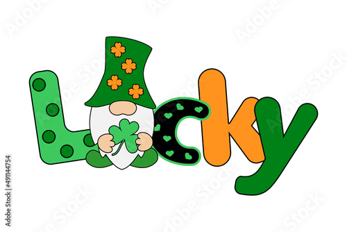 LUCKY with Gnome creative design for St. Patrick's Day. Stock vector illustration isolated on white background. For cards, decor, shirt design, invitation to the pub.