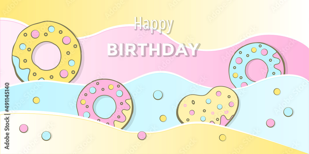Happy Birthday card. Donuts on the pastel horizontal background. Vector illustration