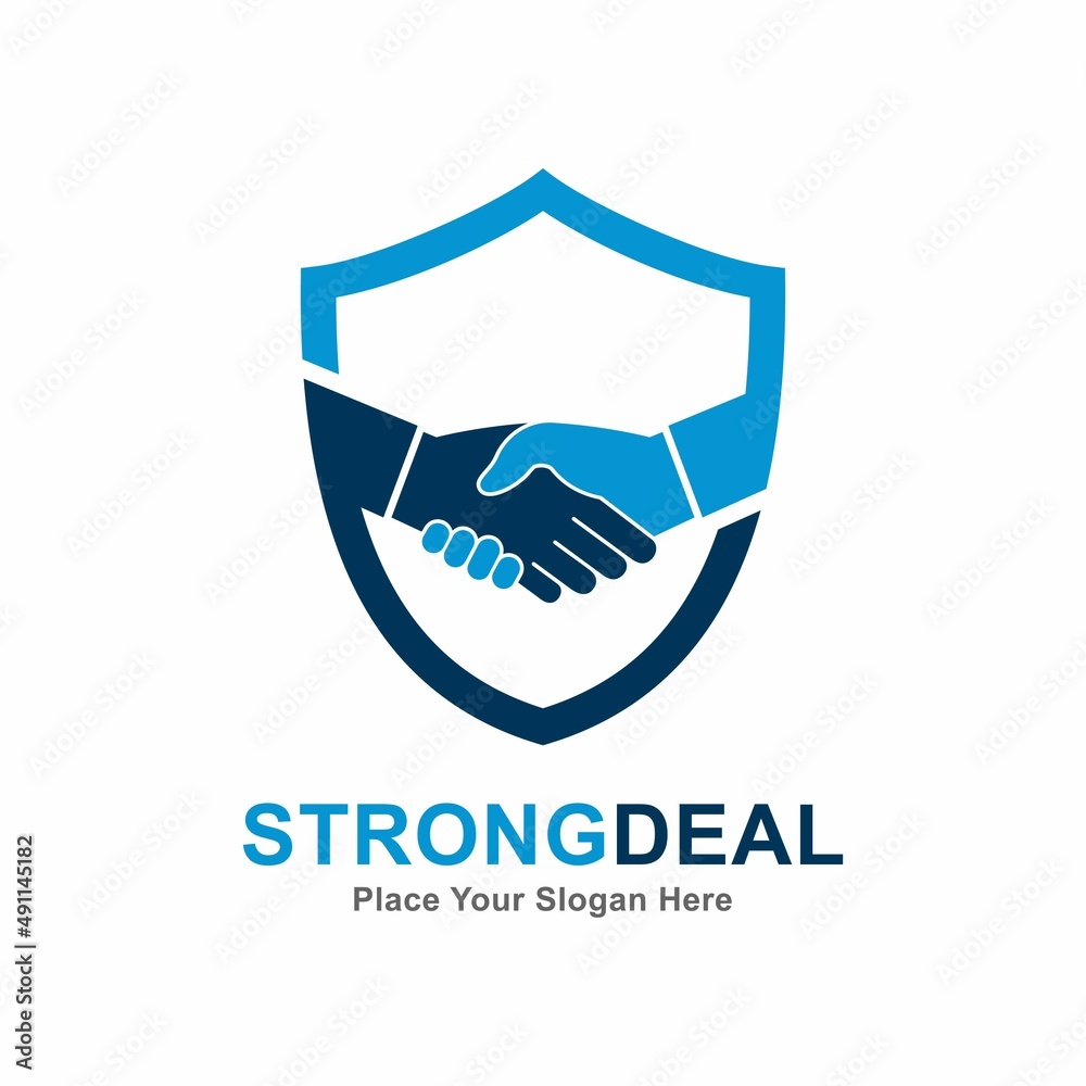 Obraz premium Shield shake hand vector logo template. Suitable for business, protection, and web