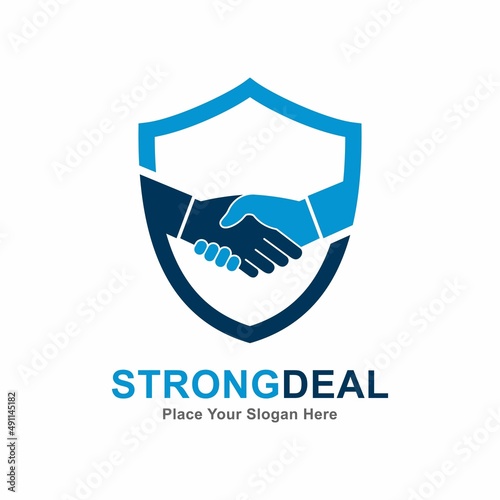 Shield shake hand vector logo template. Suitable for business, protection, and web