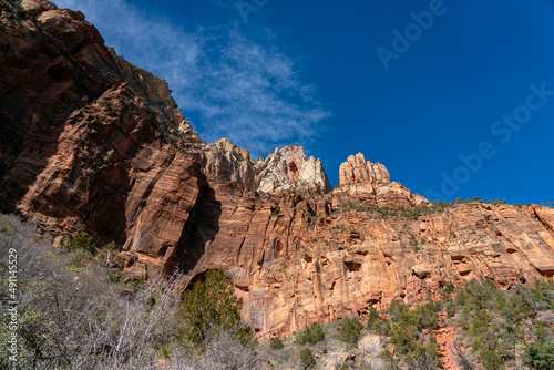 Looking Up to the Very Tall Zion Park Mountains Peaks