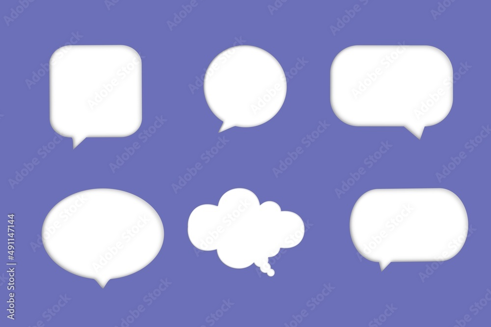 Set of 3D speech bubble icons. Realistic 3D chat, talk, messenger, communication, dialogue bubbles icon set. Vector cloud, square, circle and rectangle chat box. Banner, sticker, tag, badge template.	