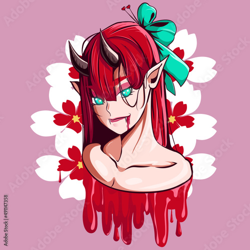 demon girl with flowers and blood vector illustration