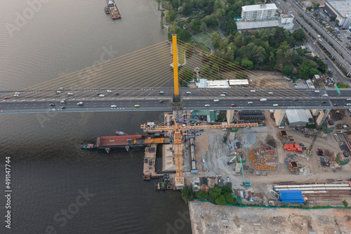 Aerial view Construction of Rama 9/2 Bridge which was completed in 2024and Rama 3 Expressway - Dao Khanong - Outer Ring Road West of Bangkok, distance 18.7 km.Chao Phraya River in structure of suspens photo