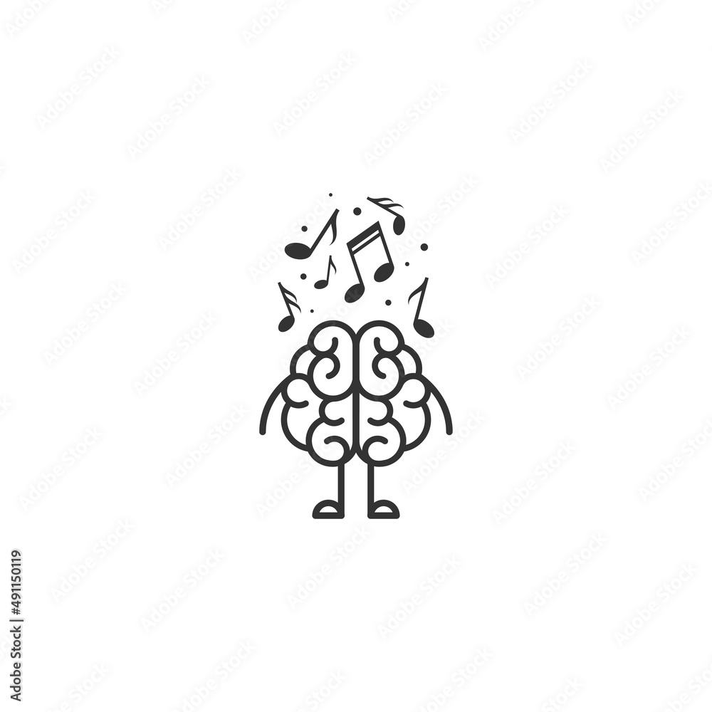 Gray line brain with music notes icon. Intellect, phsychology, knowledge simple pictogram isolated on white. listening audio book. Art therapy Gray line brain with music notes icon. Intellect, phsychology, knowledge simple pictogram isolated on white. listening audio book. Art therapy