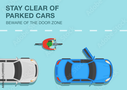 Safety bicycle driving and traffic regulation rules. Stay clear of parked cars, beware of the door zone. Top view of a cyclist on road. Flat vector illustration template.
