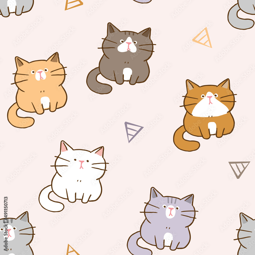 Seamless Pattern of Cartoon Cat Design on Light Pink Background