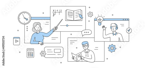 Online education, e-learning concept. Vector sketch illustration of digital distant training with school or university students study with teacher on computer screen