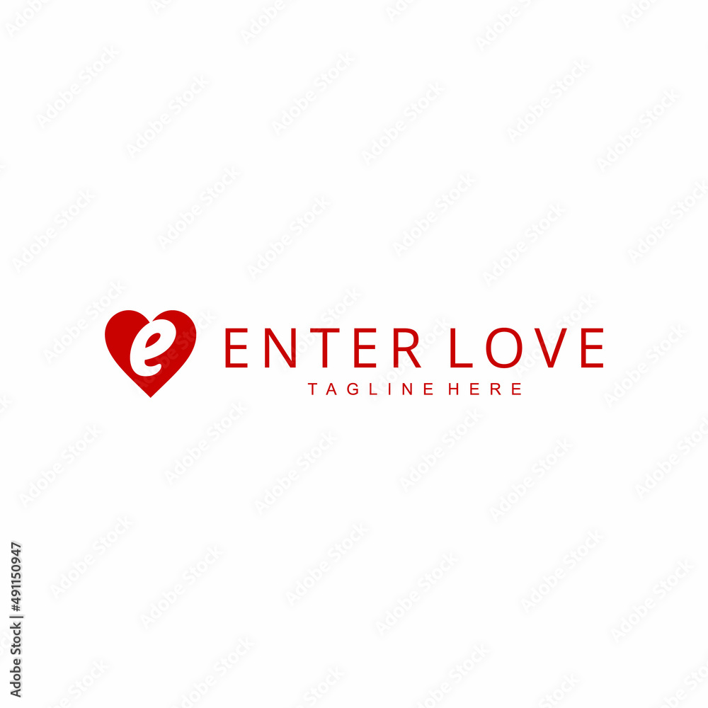 Creative modern illustration initial E 
 in heart Love sign vector logo design template 