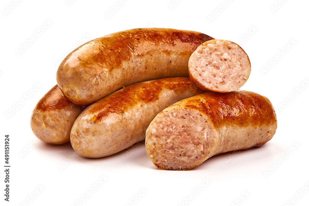 Grilled Sausages, close-up, isolated on white background.