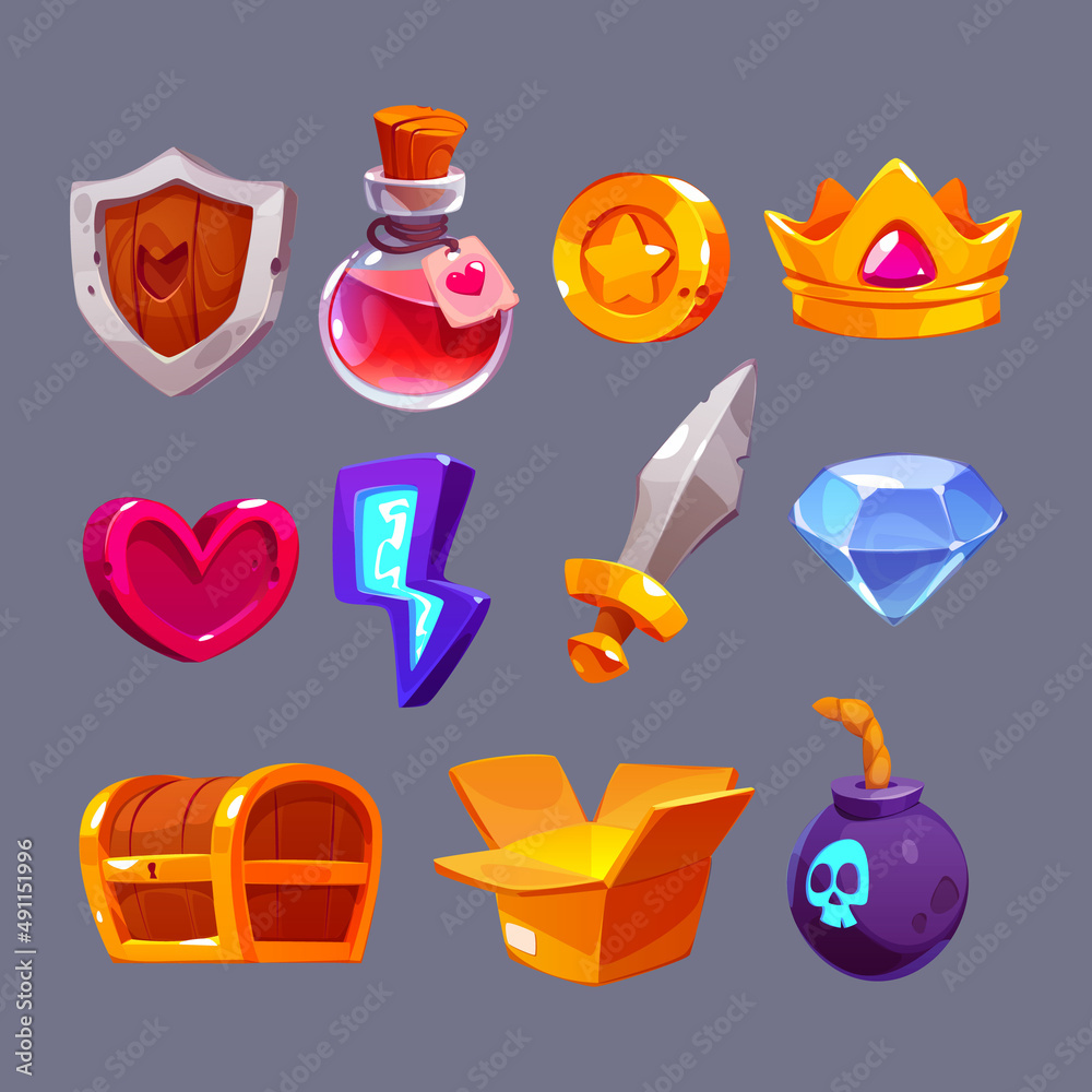 Game icons with heart, lightning, key, crown, gold cup and star