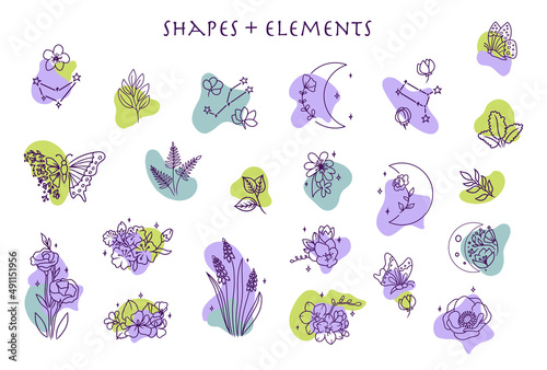 A set of doodle flowers and colorful shapes is a vector illustration. The magic collage and line art clipart