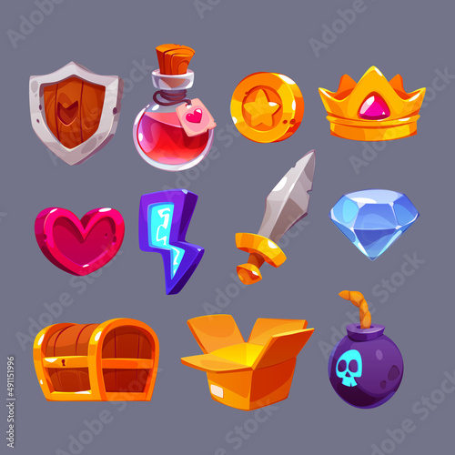 Cartoon game icons knight shield, witch potion, golden coin and king crown, red heart, glowing flash, sword and diamond. Chest, open carton box and bomb with fuse and skull isolated ui vector elements
