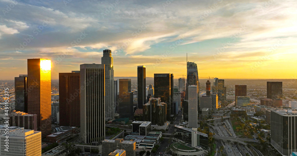 Obraz premium Downtown Los Angeles aerial view, business centre of the city. Los angeles aerial view with drone.