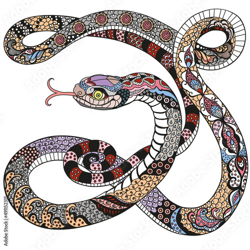 peaceful snake. Decorative floral serpent. Chinese zodiac astrological sign. Celestial feng shui animal. Tattoo.  Isolated vector illustration
