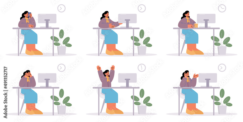 Office worker different emotions and activities. Manager woman sit at desk with Pc speaking by phone, thinking, displeased face, rejoice with raised hands, drink coffee, Line art vector illustration