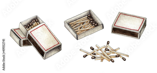 Watercolor illustration set of matchboxes full of red matches. Get the flame. Light the fire. Burnt wooden stick. Hand drawn doodles. Isolated on white background. Drawn by hand.