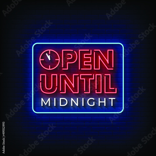 Open Until Midnight Neon Signs Style Text Vector photo