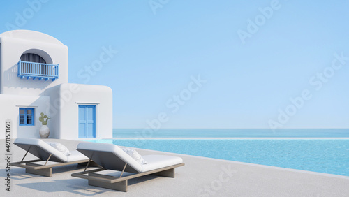 Santorini style pool villa.Swimming pool with sea view and sunbed on deck.Concept for vacation3d rendering