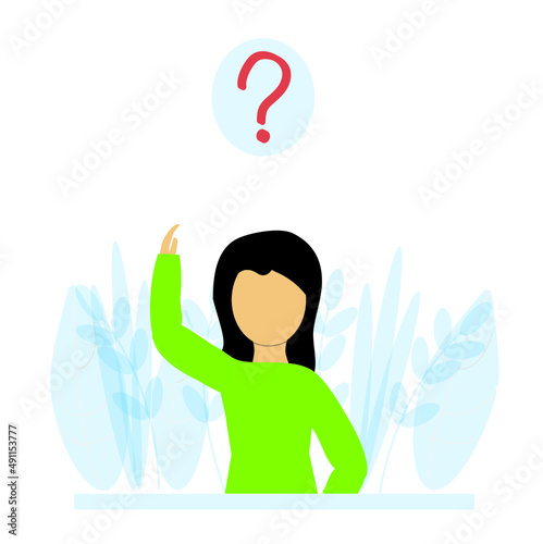 A beautiful girl with a question mark. Dialogue. Flat design style. The concept of illustrating frequently asked questions.