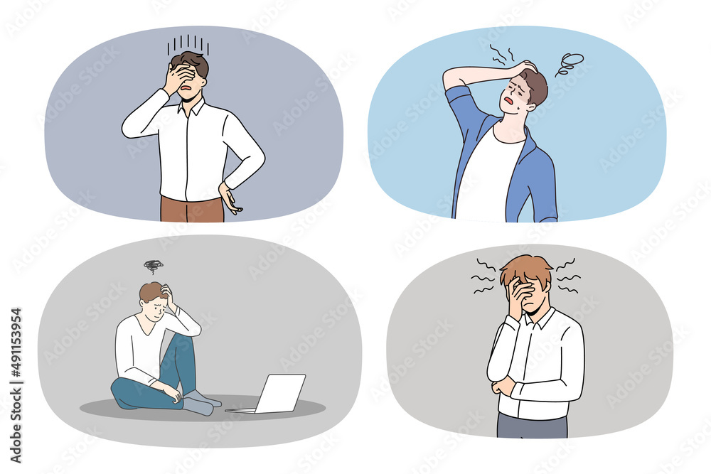Collection of frustrated men feel distressed with mistake or error. Set of unhappy worried guy suffer from problems have frustration or confusion. Work stress and anxiety. Vector illustration. Collection of frustrated men feel distressed with mistake or error. Set of unhappy worried guy suffer from problems have frustration or confusion. Work stress and anxiety. Vector illustration.