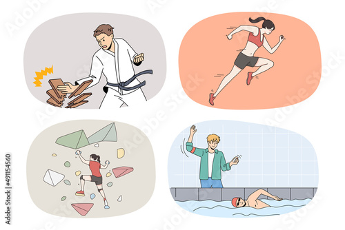 Collection of diverse sportsmen train workout for better results and performance. Set of men and women athletes exercise prepare for sport competition. Physical activity. Vector illustration. 