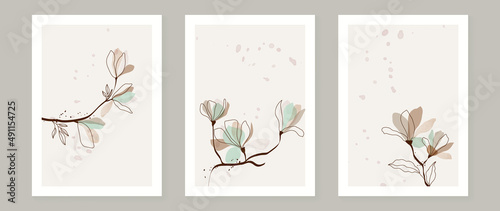Abstract floral and botanical watercolor wall art template. Spring wallpaper with branches, flowers, blooms and leaf in line art pattern. Minimal nature design for background decor, interior.