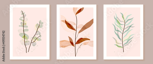 Abstract foliage and botanical watercolor wall art template. Spring wallpaper with leaf, branches, and eucalyptus leaves in line art pattern. Minimal nature design for background decor, interior.