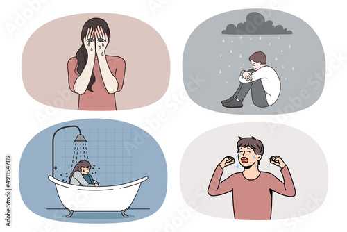 Set of unhappy crying people suffer from mental psychological problems or mental breakdown. Collection of upset distressed men and women having anxiety or depression. Vector illustration. 