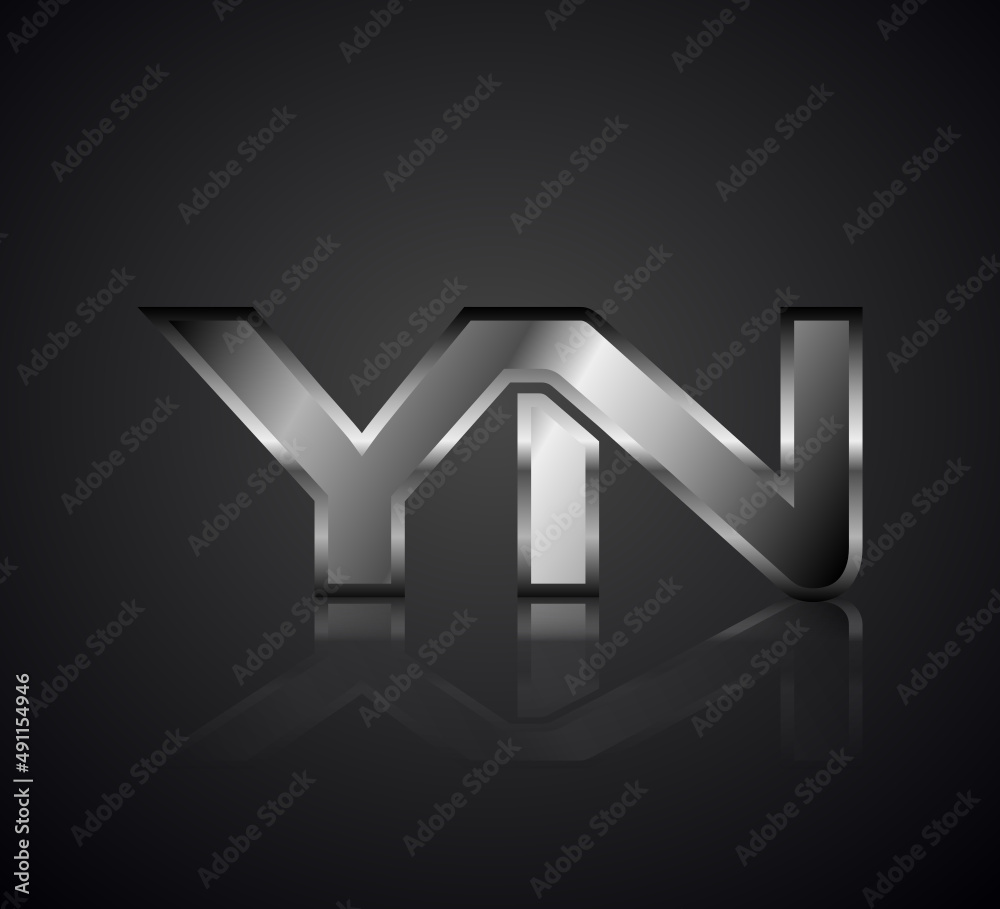 Modern Initial logo 2 letters Silver Metal simple in Dark Background with Shadow Reflection YN - obrazy, fototapety, plakaty 