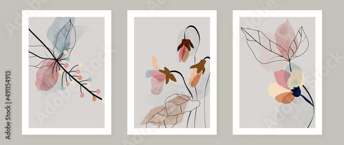 Abstract floral and botanical watercolor wall art template. Spring wallpaper with branches, flowers, blooms and leaf in line art pattern. Minimal nature design for background decor, interior.