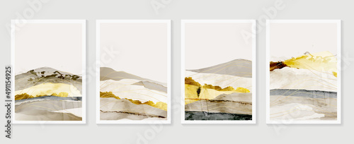 Luxury watercolor landscape wall art template. Abstract wallpaper with mountains, hills, land, gold line art and shades. Elegant nature design for background, home decor, interior, and banner.