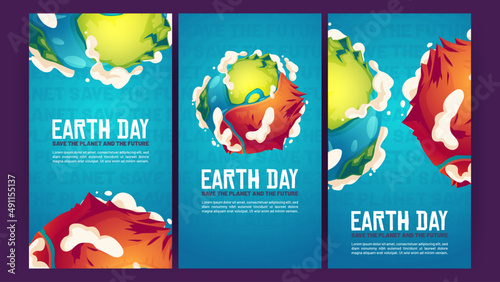 Earth day posters with green planet with dry part. Vector vertical banners of ecology protection, environment care with cartoon illustration of Earth globe with big dirty desert