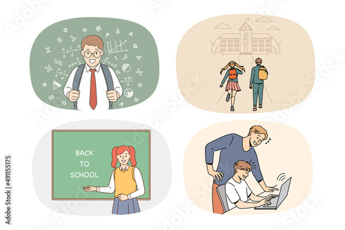 Set of diverse excited small children go to school in September. Collection of smiling little kids enjoy studying learning with teachers. Education and lessons concept. Vector illustration. 