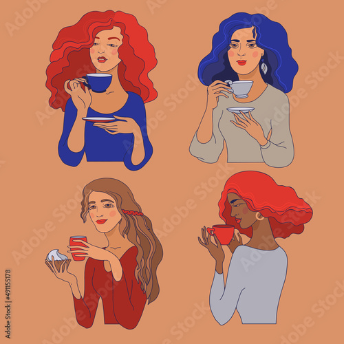 Young women with a cup of coffee. Vector set.