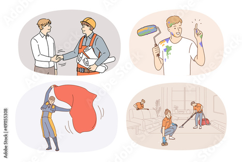 Collection of people jobs and careers. Set of persons having different occupations and professions. Employment. Architect, painter, toreador and housekeeper. Vector illustration. 