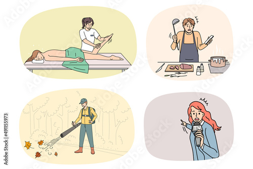Set of diverse people occupations and professions. Collection of men and women working as chef, masseuse, news reporter or cleaner. Person career and employment. Vector illustration. 