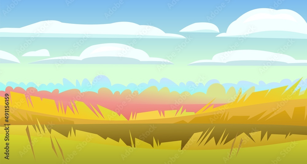 Autumn rural landscape. Rustic wildlife. Village is pasture and vegetable garden. Harvest time of year. Yellow and orange scene. Vector