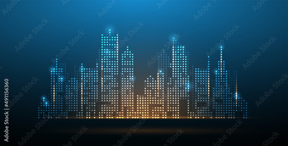 Innovative network technology buildings and skyscrapers concept image on glowing blue background.