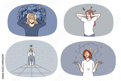 Set of unhappy stressed women feel despair suffer from depression or mental breakdown. Collection of sad distressed girls have panic attack struggle with psychological problems. Vector. 