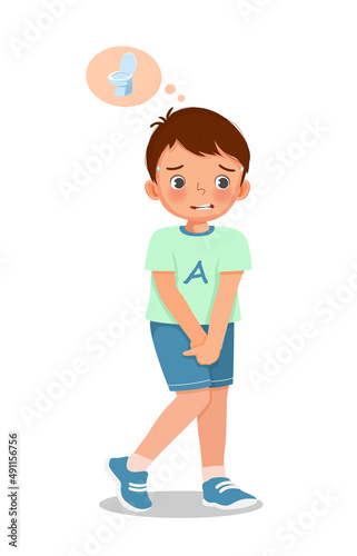 cute little boy need to pee holding urinary bladder want to go to toilet