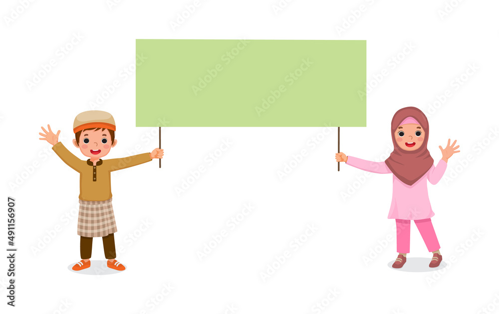 happy little muslim kids boy and girl waving hands while holding blank billboard sign for copyspace advertising and announcement messages happy little muslim kids boy and girl waving hands while holding blank billboard sign for copyspace advertising and announcement messages