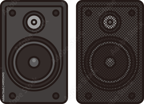 Illustration of two black speakers (with and without covers)