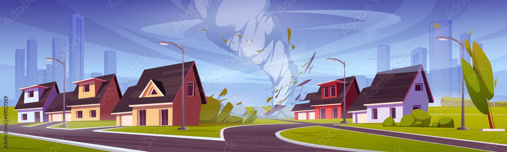 Tornado crashes house in village. Nature disaster, hurricane with wind ...